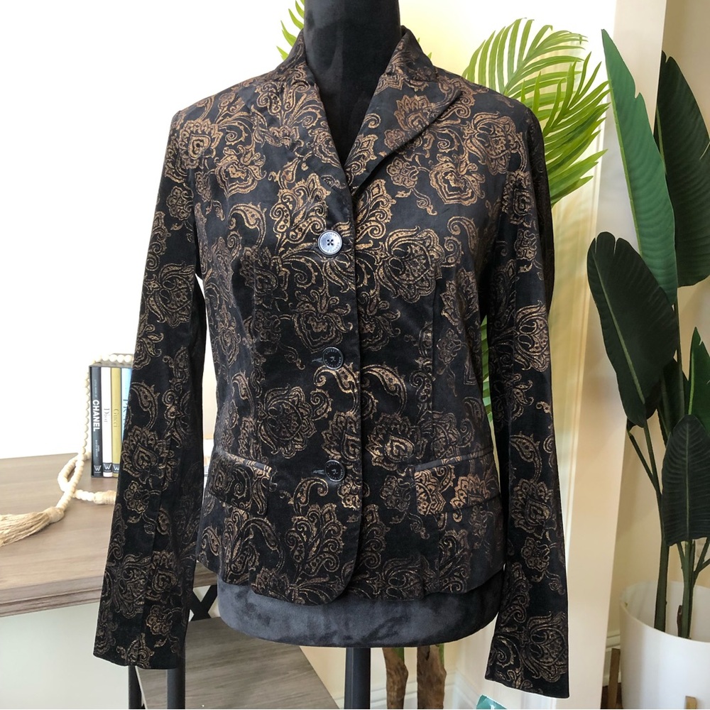 Ralph Lauren Velveteen Filigree Black/Gold/Bronze Cotton Stretch Jacket Blazer 6
